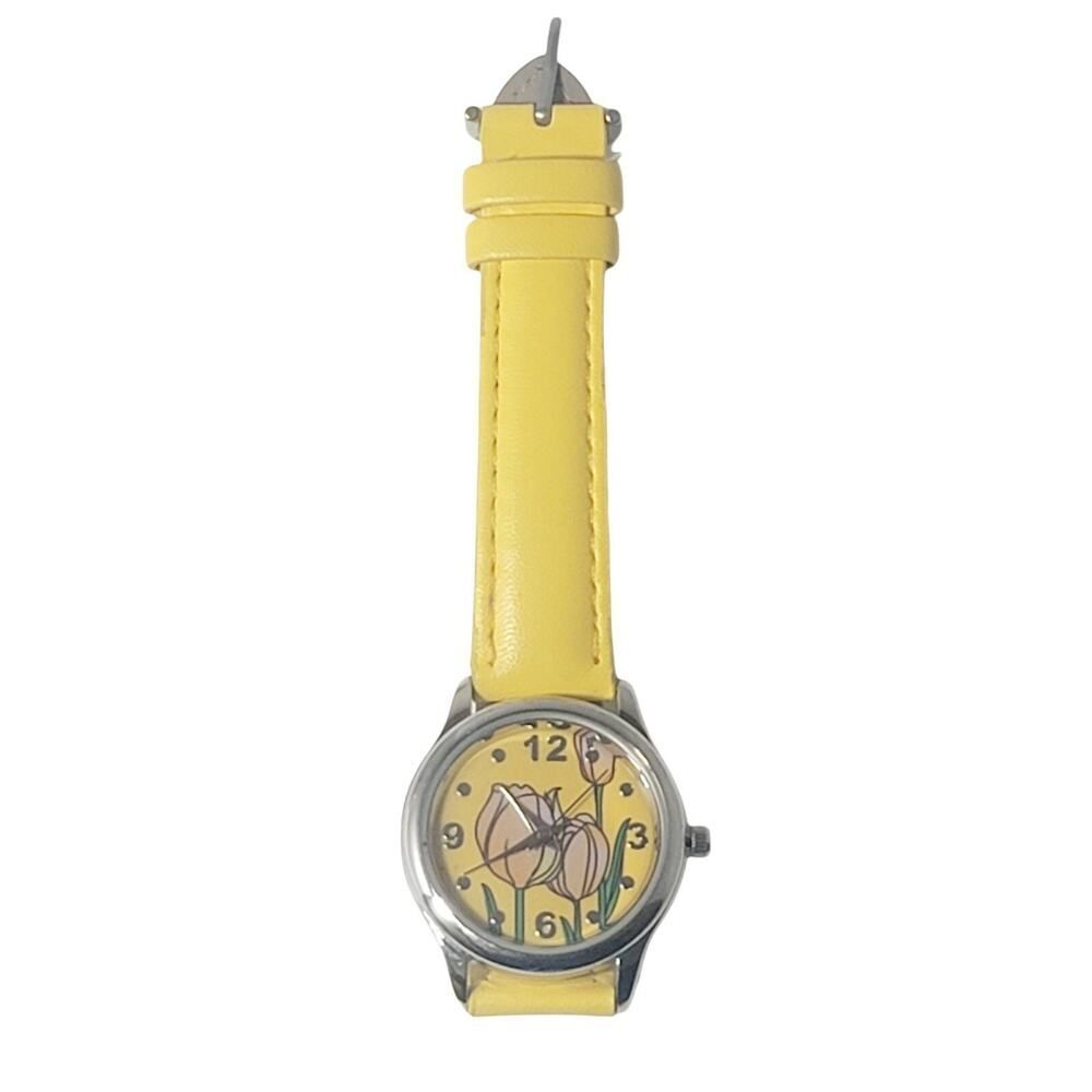 Vintage Quartz Women Analog Watch With Tulips Yellow Band Wristwatch New Battery